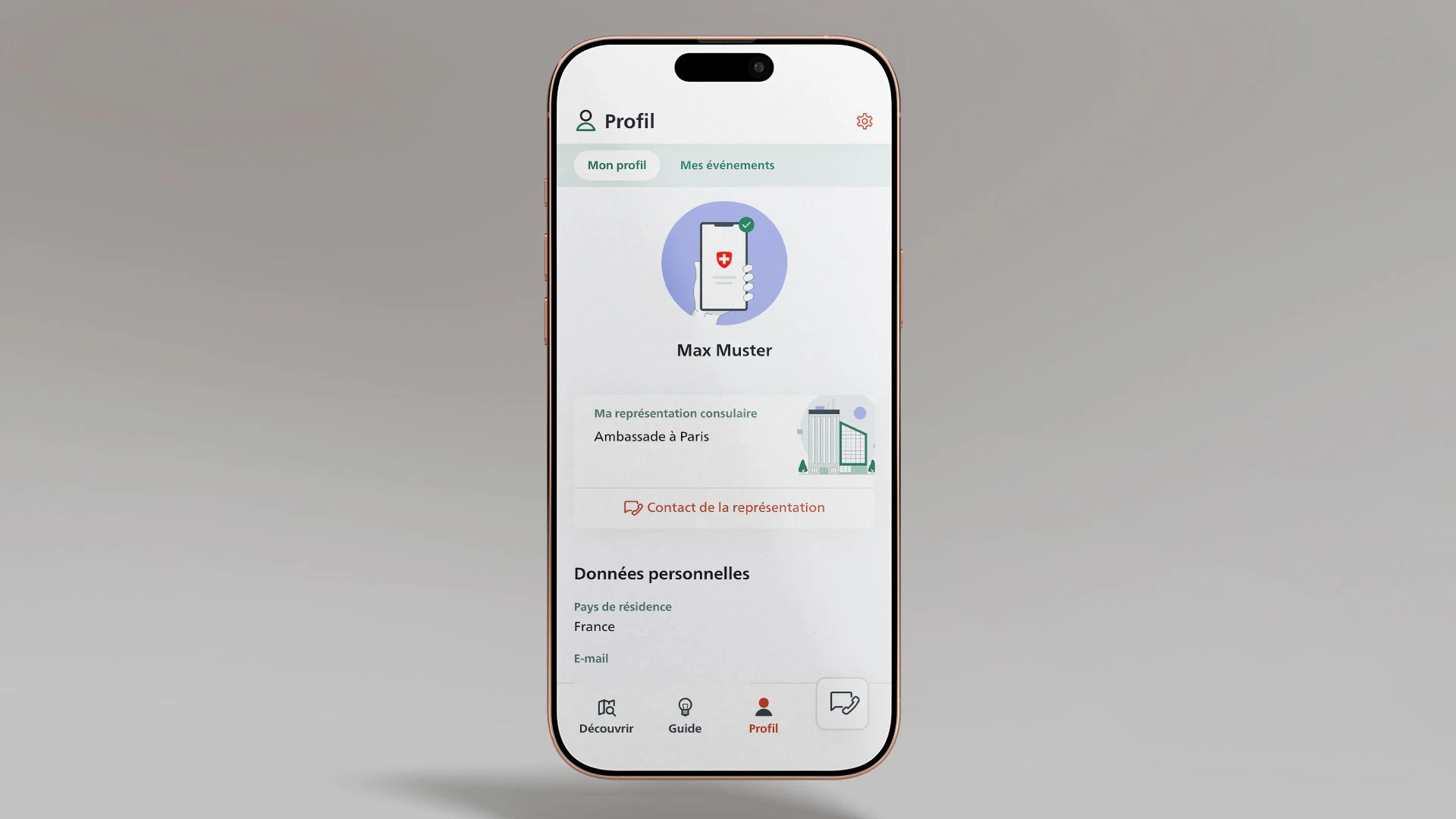 L’image montre un smartphone sur lequel l’application SwissInTouch est ouverte sur la page du profil personnel.